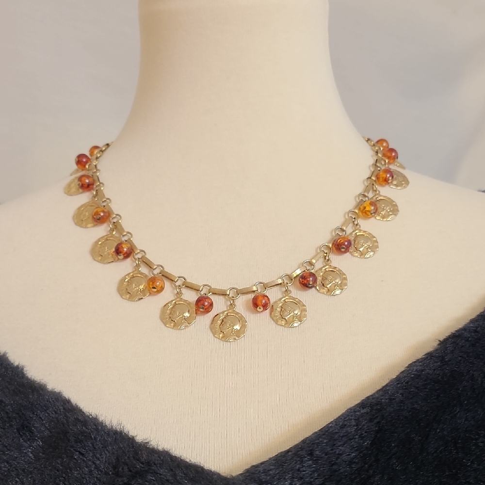 Elegant Vintage Gold and Transulent Amber Beaded Coin Necklace